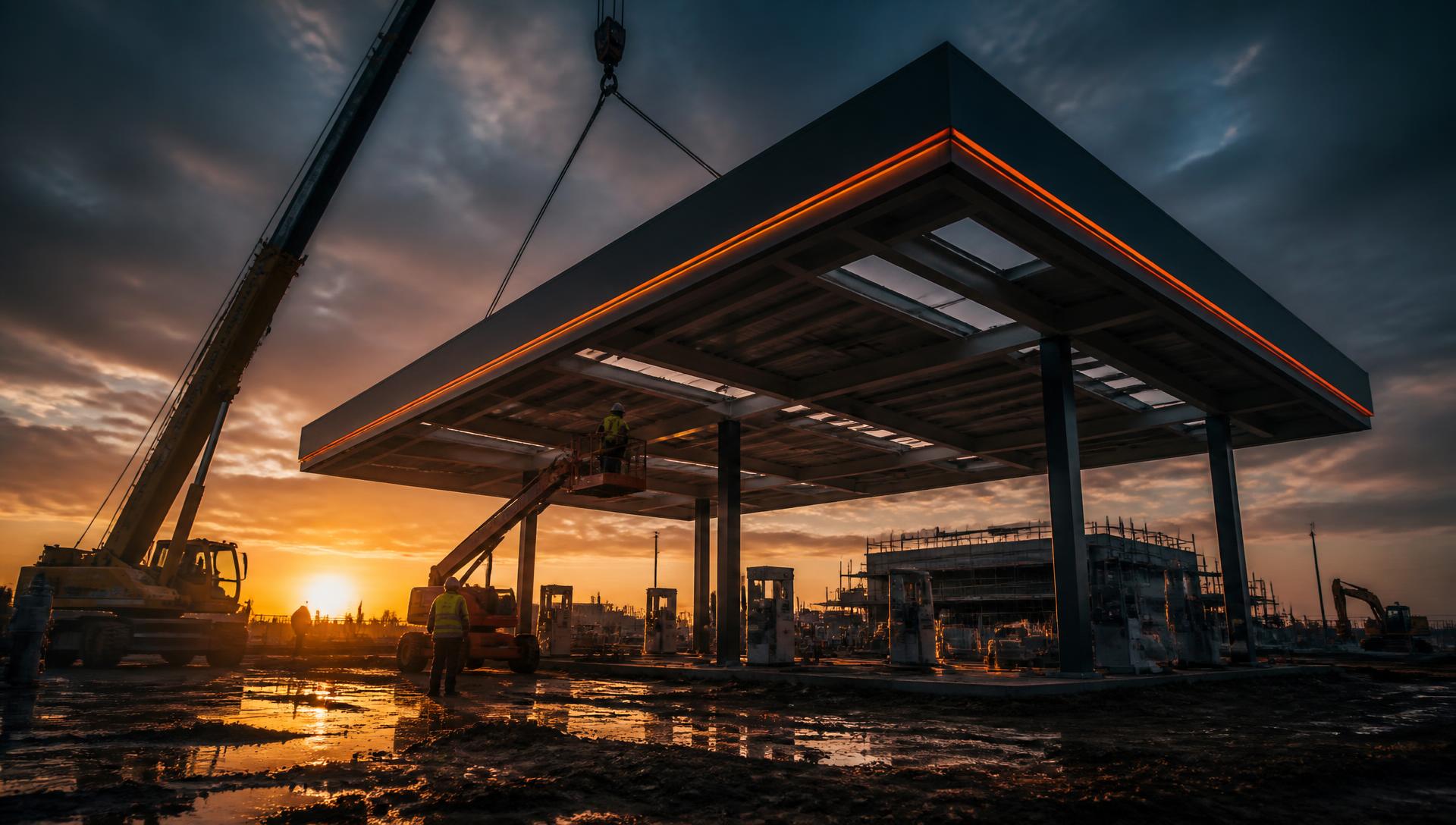 Steel gas station canopy under construction at dawn